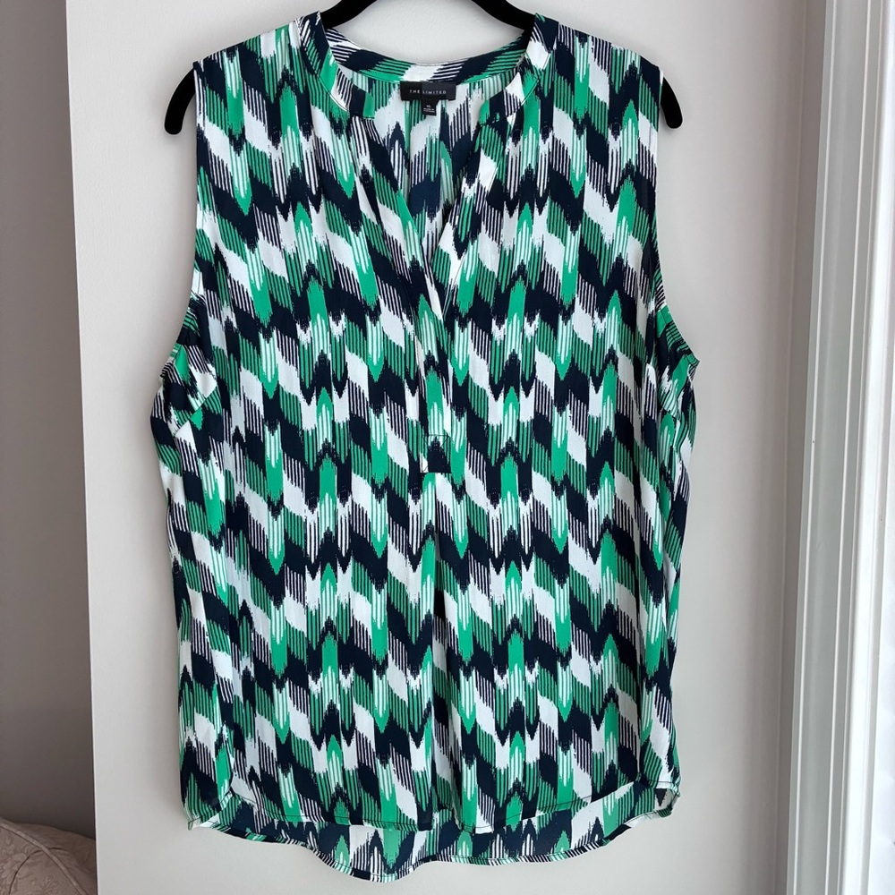 The Limited Green and Blue Sleeveless Blouse with Mandarin Collar